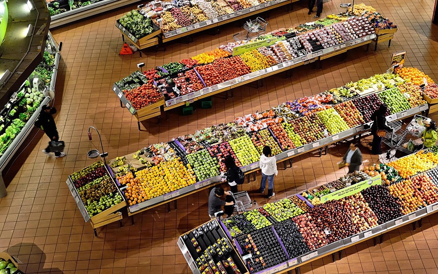 Birds Eye view of produce section in grocery store