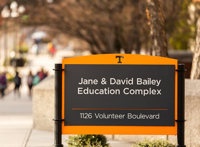 orange Tennessee sign reads Jane & David Bailey Education Complex