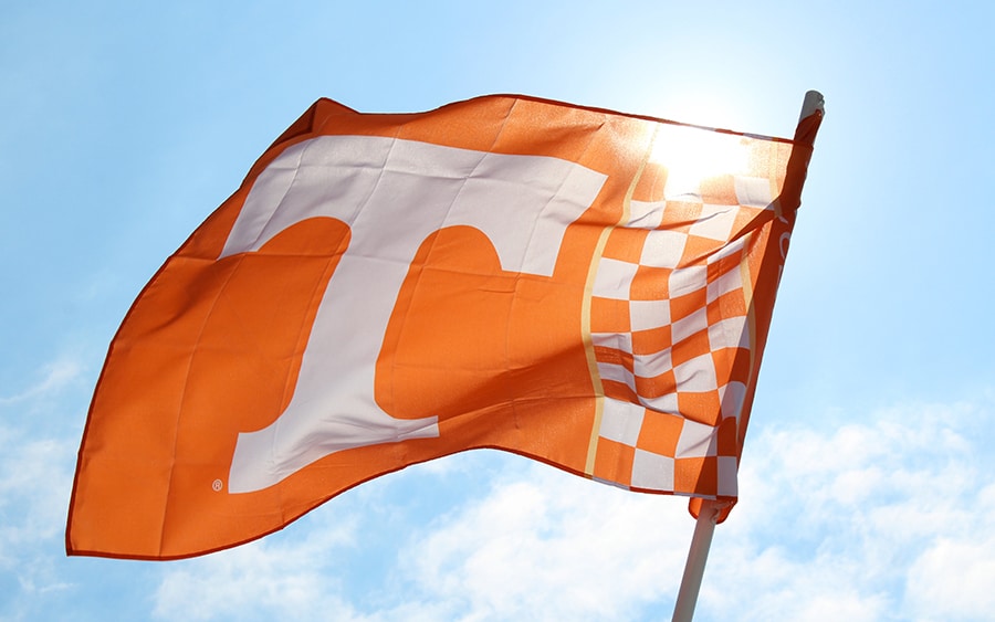 orange flag with white power t waving in front of a blue sky